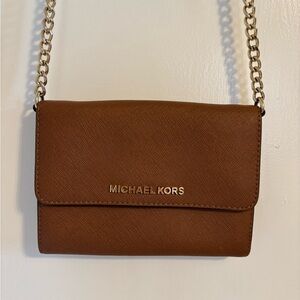 Michael Kors Brown Saffiano Crossbody with Gold Chain